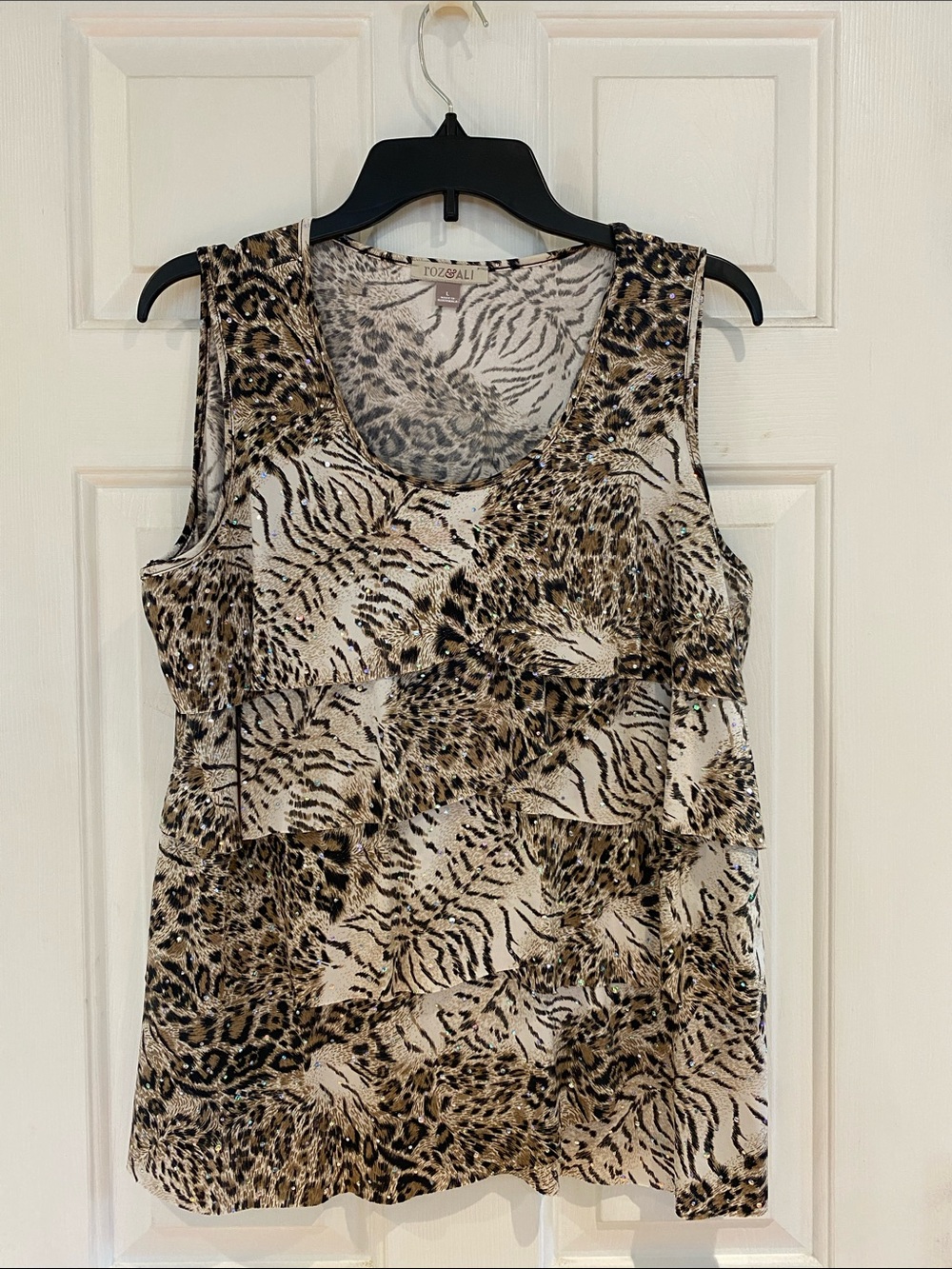 Roz & Ali Beige and Brown Animal Print Ruffle Tank